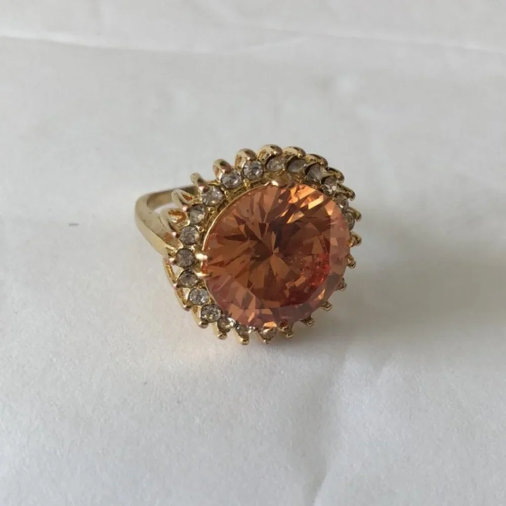 Cocktail Ring Gold Plated w Round Champagne Stone & Surround CZ Stones Sz.7.25